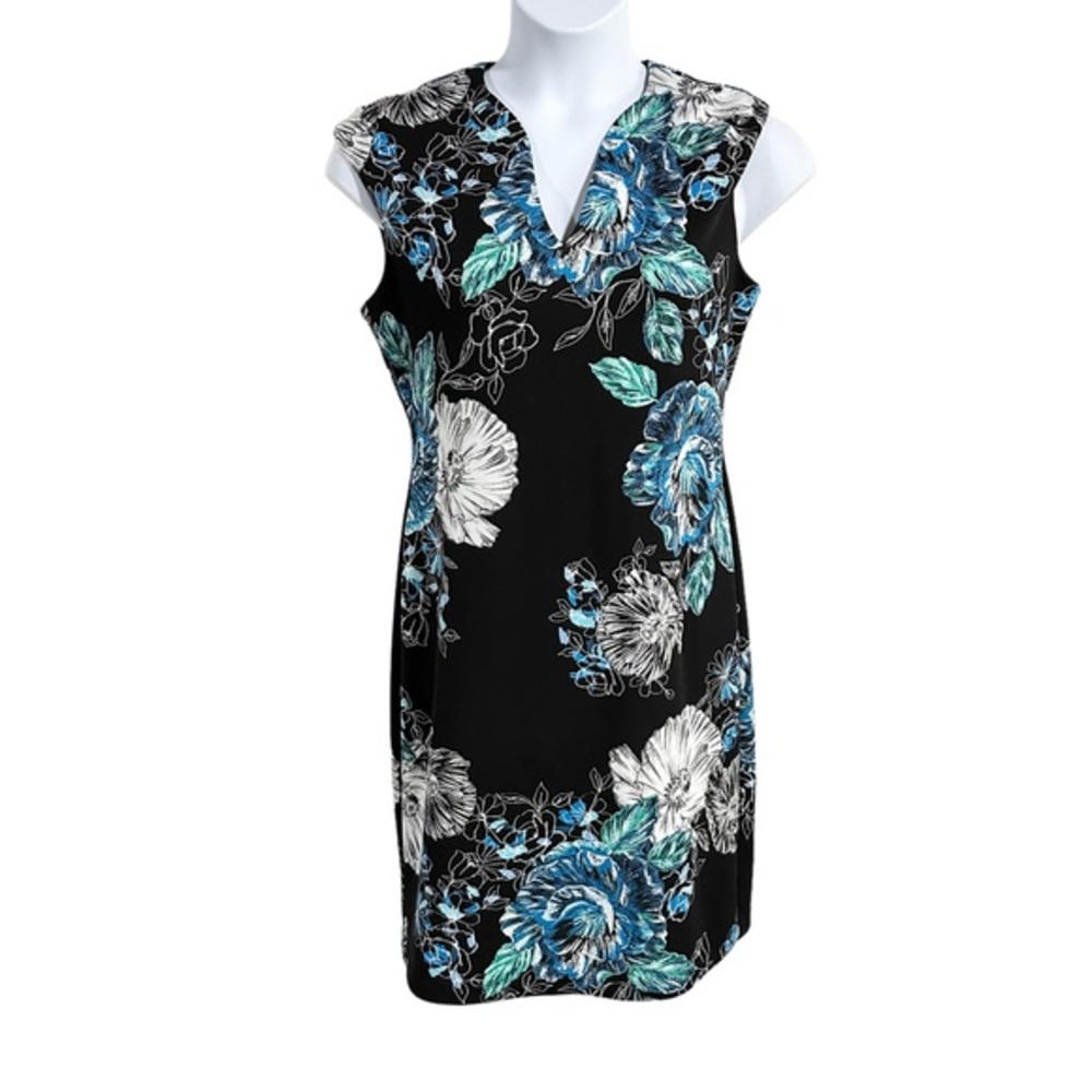 Connected Apparel Black Blue Floral Print Sleeveless V-Neck Sheath Dress Size 12